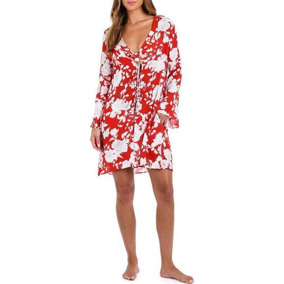 L'Agence Women's Rouge Meghan Ikebana Tie Front Dress Swim Cover Up Size Large N - Picture 1 of 8